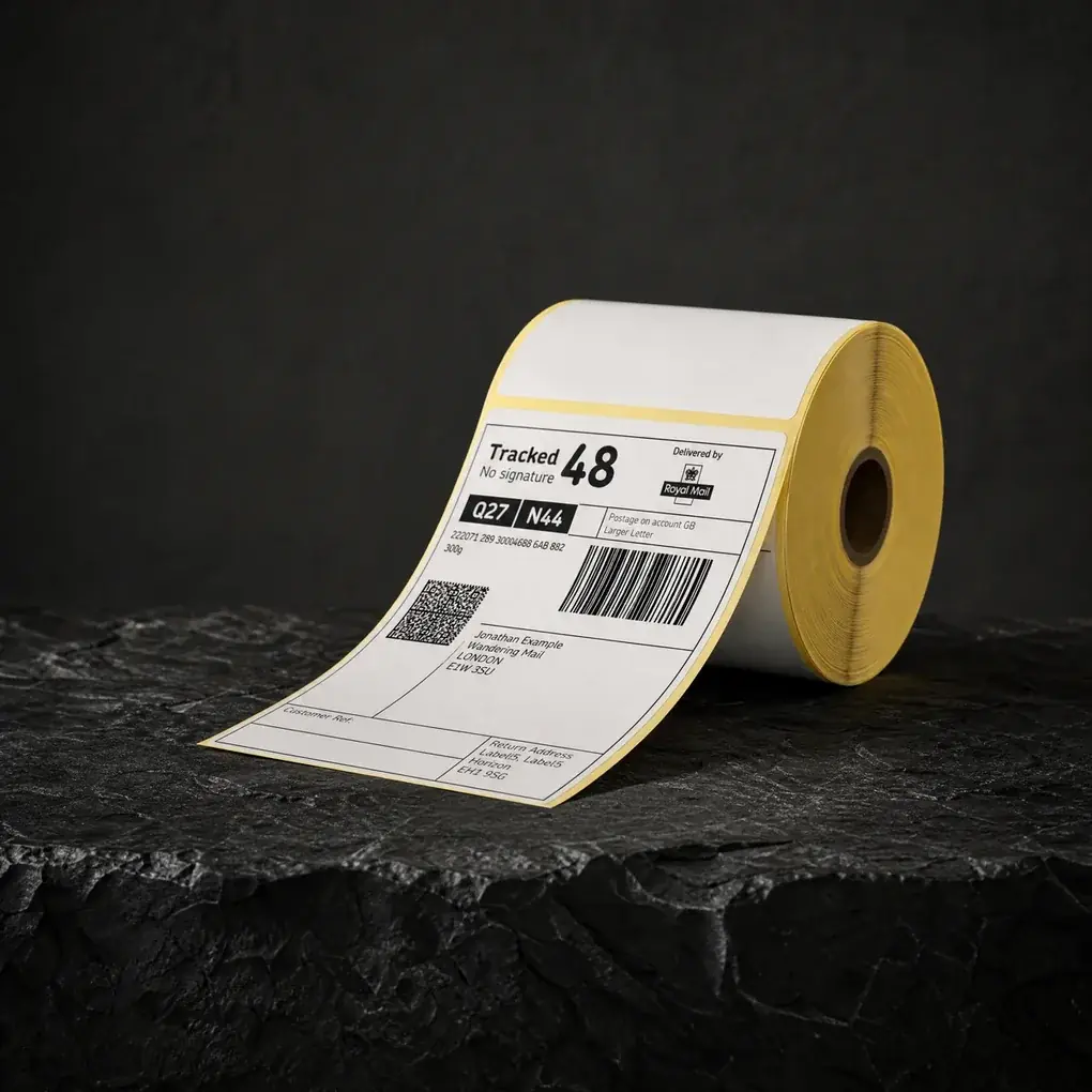 A roll of LabelsLabels 4x6 direct thermal shipping labels with a peeled label showing a Royal Mail Tracked courier label, barcode and QR code.